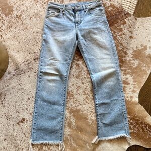 R13 Faded Blue Straight Leg Jeans with Distressed Hem